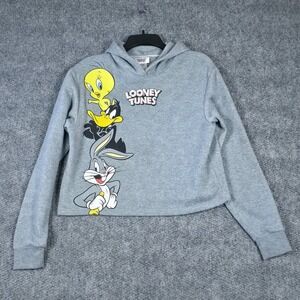 Looney Tunes Bugs Bunny Tweety Sylvester Cropped Hoodie Juniors S Grey Polyester